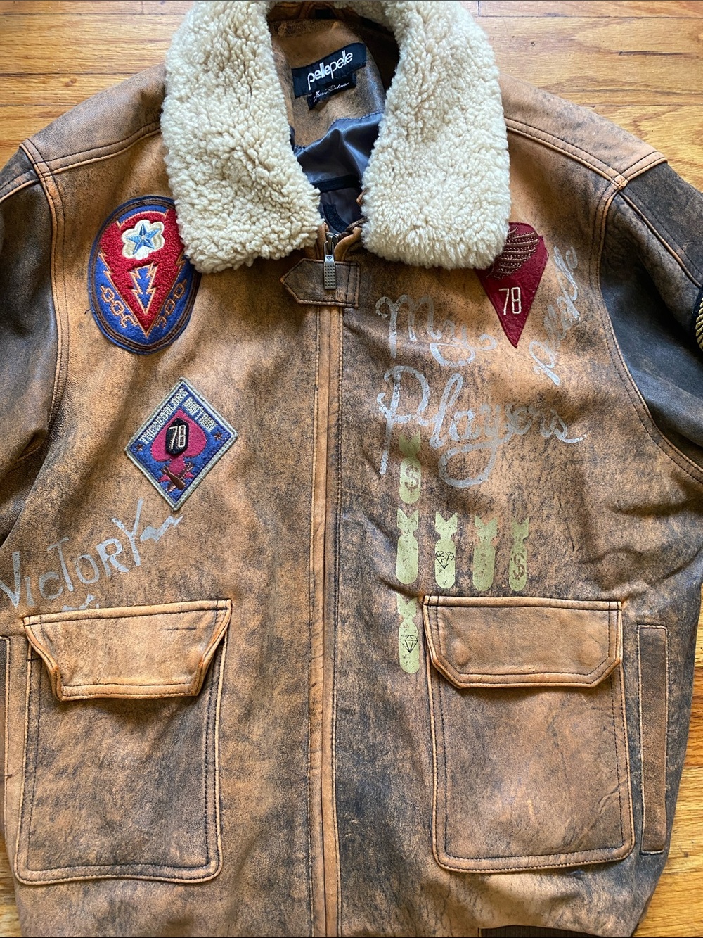 Pelle Pelle Brown Distressed Jacket with Cream Sherpa Collar